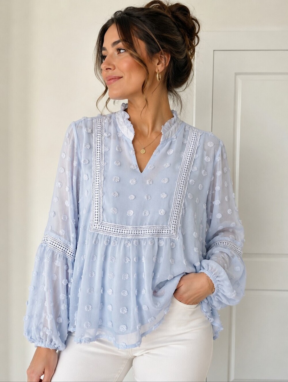 Blue Ruffled Split Neck Lace Hollow Out Puff Sleeve Polka Dot Blouse